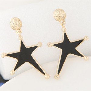 Golden Rimmed Oil Spot Glazed Bold Fashion Star Dangling Earrings - Black