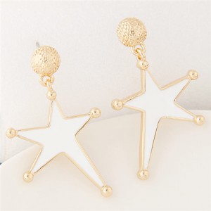Golden Rimmed Oil Spot Glazed Bold Fashion Star Dangling Earrings - White