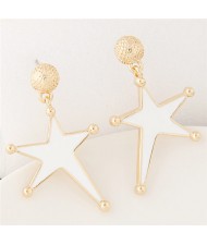 Golden Rimmed Oil Spot Glazed Bold Fashion Star Dangling Earrings - White
