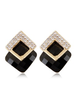 Czech Rhinestone Inlaid Alloy Square Attached Glass Gem Fashion Ear Studs - Black