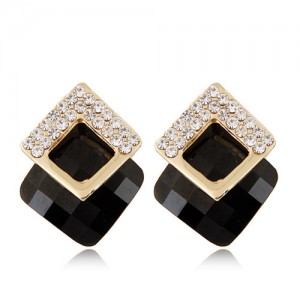 Czech Rhinestone Inlaid Alloy Square Attached Glass Gem Fashion Ear Studs - Black