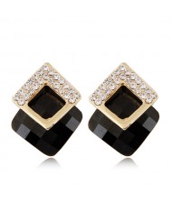 Czech Rhinestone Inlaid Alloy Square Attached Glass Gem Fashion Ear Studs - Black