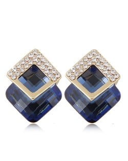 Czech Rhinestone Inlaid Alloy Square Attached Glass Gem Fashion Ear Studs - Blue