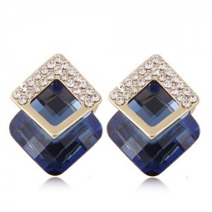 Czech Rhinestone Inlaid Alloy Square Attached Glass Gem Fashion Ear Studs - Blue