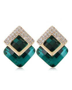 Czech Rhinestone Inlaid Alloy Square Attached Glass Gem Fashion Ear Studs - Ink Green