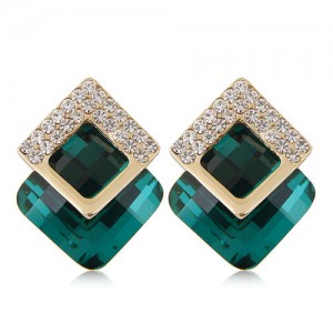 Czech Rhinestone Inlaid Alloy Square Attached Glass Gem Fashion Ear Studs - Ink Green