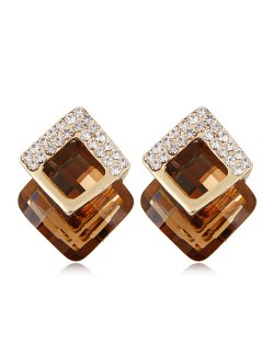 Czech Rhinestone Inlaid Alloy Square Attached Glass Gem Fashion Ear Studs - Champagne