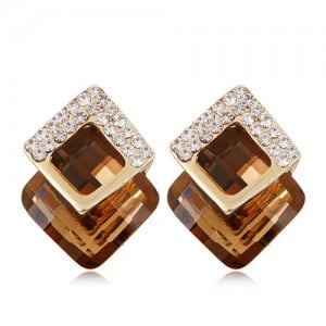 Czech Rhinestone Inlaid Alloy Square Attached Glass Gem Fashion Ear Studs - Champagne
