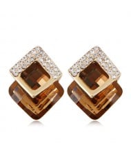 Czech Rhinestone Inlaid Alloy Square Attached Glass Gem Fashion Ear Studs - Champagne