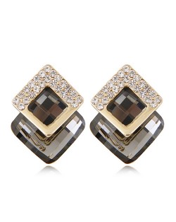 Czech Rhinestone Inlaid Alloy Square Attached Glass Gem Fashion Ear Studs - Gray