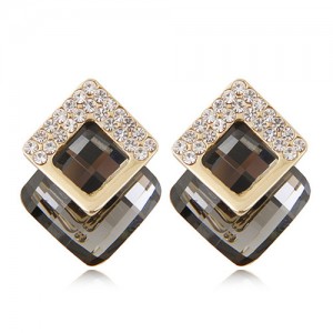 Czech Rhinestone Inlaid Alloy Square Attached Glass Gem Fashion Ear Studs - Gray