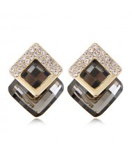 Czech Rhinestone Inlaid Alloy Square Attached Glass Gem Fashion Ear Studs - Gray