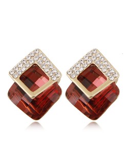 Czech Rhinestone Inlaid Alloy Square Attached Glass Gem Fashion Ear Studs - Red