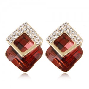 Czech Rhinestone Inlaid Alloy Square Attached Glass Gem Fashion Ear Studs - Red