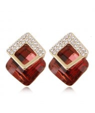 Czech Rhinestone Inlaid Alloy Square Attached Glass Gem Fashion Ear Studs - Red