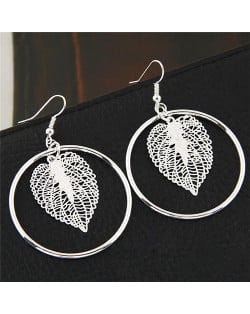 Leaf Texture Pendant Siver Hoop Fashion Earrings