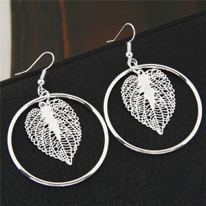 Leaf Texture Pendant Siver Hoop Fashion Earrings