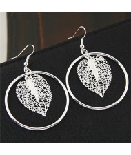 Leaf Texture Pendant Siver Hoop Fashion Earrings