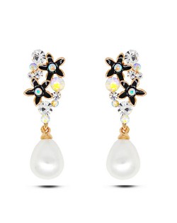 Rhinestone Embellished Oil Spot Glazed Black Flowers Pearl Fashion Ear Studs
