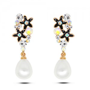 Rhinestone Embellished Oil Spot Glazed Black Flowers Pearl Fashion Ear Studs