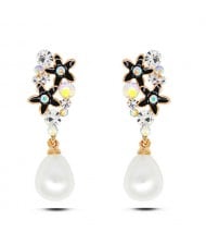 Rhinestone Embellished Oil Spot Glazed Black Flowers Pearl Fashion Ear Studs