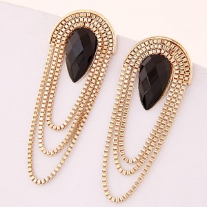 Black Gem Inlaid with Unique Golden Alloy Tassel Design Fashion Ear Studs