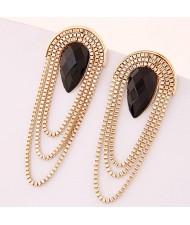 Black Gem Inlaid with Unique Golden Alloy Tassel Design Fashion Ear Studs