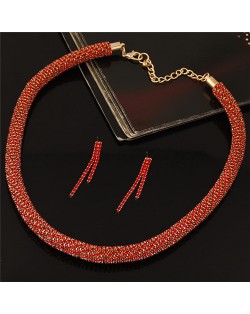 Rhinestones Inlaid Luxurious Royal Fashion Shining Necklace and Earrings Set - Red