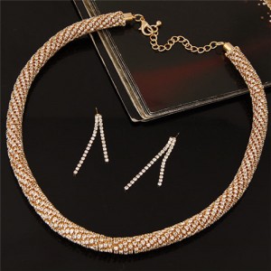 Rhinestones Inlaid Luxurious Royal Fashion Shining Necklace and Earrings Set - Golden White