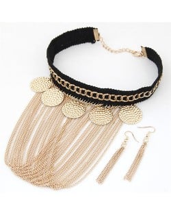 Coarse Round Plates Decorations Tassel Rope and Chain Statement Necklace and Earrings Set - Golden