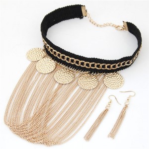 Coarse Round Plates Decorations Tassel Rope and Chain Statement Necklace and Earrings Set - Golden