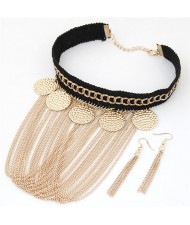 Coarse Round Plates Decorations Tassel Rope and Chain Statement Necklace and Earrings Set - Golden