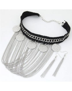 Coarse Round Plates Decorations Tassel Rope and Chain Statement Necklace and Earrings Set - Silver