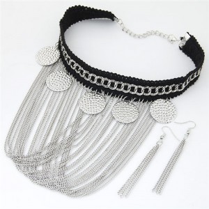 Coarse Round Plates Decorations Tassel Rope and Chain Statement Necklace and Earrings Set - Silver