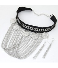 Coarse Round Plates Decorations Tassel Rope and Chain Statement Necklace and Earrings Set - Silver