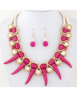 Turquoise Beast Teeth Totem Fashion Statement Necklace and Earring Set - Rose
