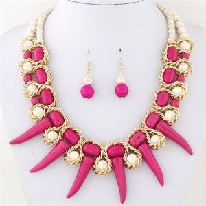 Turquoise Beast Teeth Totem Fashion Statement Necklace and Earring Set - Rose
