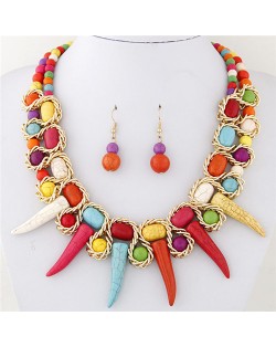 Turquoise Beast Teeth Totem Fashion Statement Necklace and Earring Set - Multicolor
