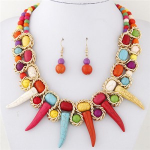 Turquoise Beast Teeth Totem Fashion Statement Necklace and Earring Set - Multicolor
