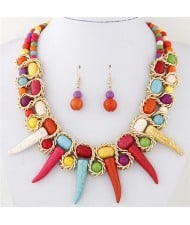Turquoise Beast Teeth Totem Fashion Statement Necklace and Earring Set - Multicolor