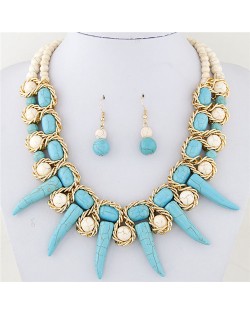Turquoise Beast Teeth Totem Fashion Statement Necklace and Earring Set - Blue