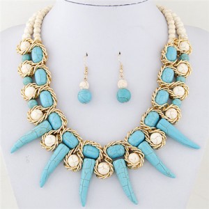 Turquoise Beast Teeth Totem Fashion Statement Necklace and Earring Set - Blue