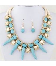 Turquoise Beast Teeth Totem Fashion Statement Necklace and Earring Set - Blue