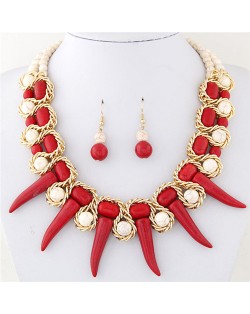 Turquoise Beast Teeth Totem Fashion Statement Necklace and Earring Set - Red