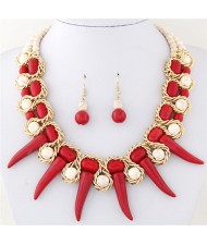 Turquoise Beast Teeth Totem Fashion Statement Necklace and Earring Set - Red
