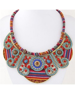 Beads and Rhinestones Combined Hollow Floral Pattern Bohemian Fashion Costume Necklace - Golden and Blue