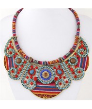 Beads and Rhinestones Combined Hollow Floral Pattern Bohemian Fashion Costume Necklace - Golden and Blue