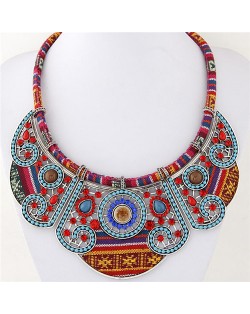 Beads and Rhinestones Combined Hollow Floral Pattern Bohemian Fashion Costume Necklace - Silver and Blue