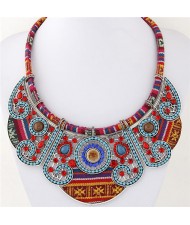 Beads and Rhinestones Combined Hollow Floral Pattern Bohemian Fashion Costume Necklace - Silver and Blue