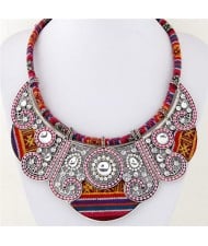 Beads and Rhinestones Combined Hollow Floral Pattern Bohemian Fashion Costume Necklace - Silver and Pink